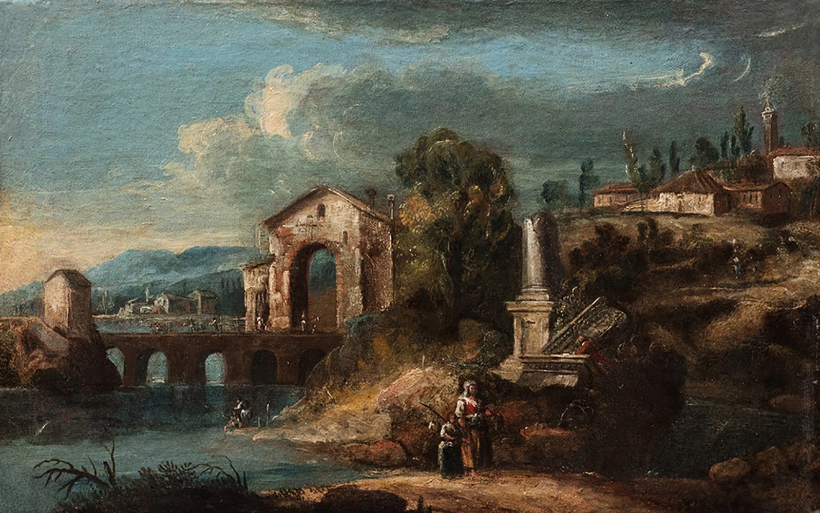 Paesaggio con colonna spezzata e porta di ingresso a una città